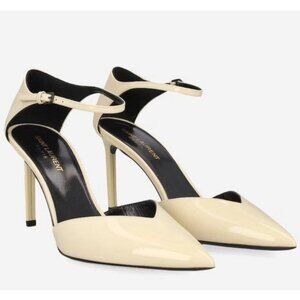 Saint Laurent Patent Anja 85 Ankle Strap Pointed Pumps 37 Coquille